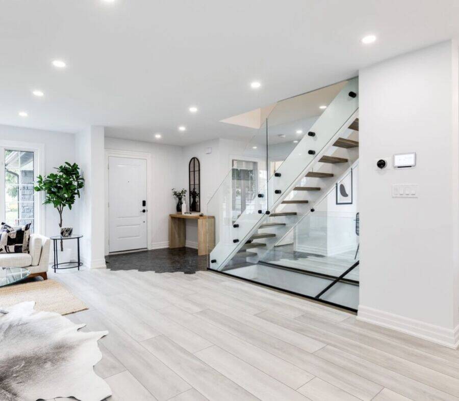 Custom hardwood staircase with wooden railings